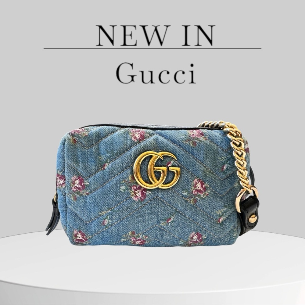 GUCCI Marmont Light Blue Denim Bag Pouch Clutch Embroidered Flowers 🌺